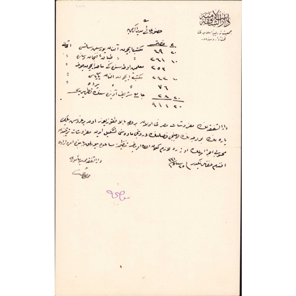 Osmanlıca Darüşşafaka-i İslamiye antetli masraf döküm belgesi, 1331 tarihli, 17x27 cm