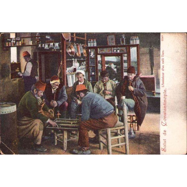 Kahvehanede nargile içip tavla oynayan tipler, Constantinople, köşeleri kırık haliyle
