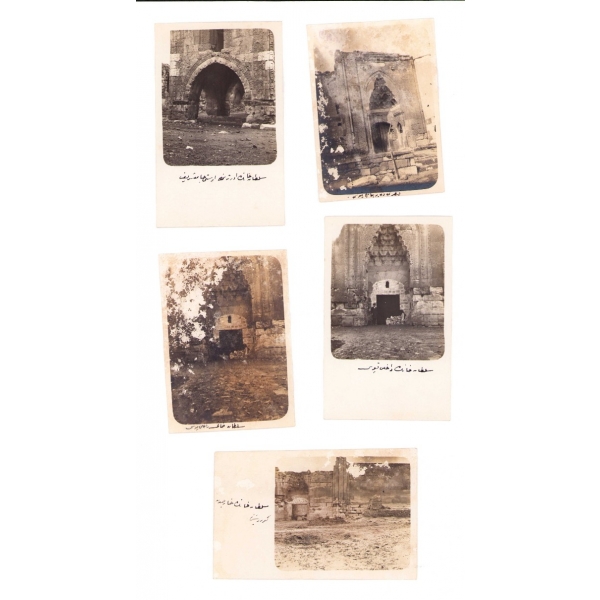 Sultan Han [Aksaray] ve Kayseri'de bir camiye ait 9 adet fotoğraf, çeşitli boyutlarda (ortalama 8x11 cm), yıpranmış halleriyle