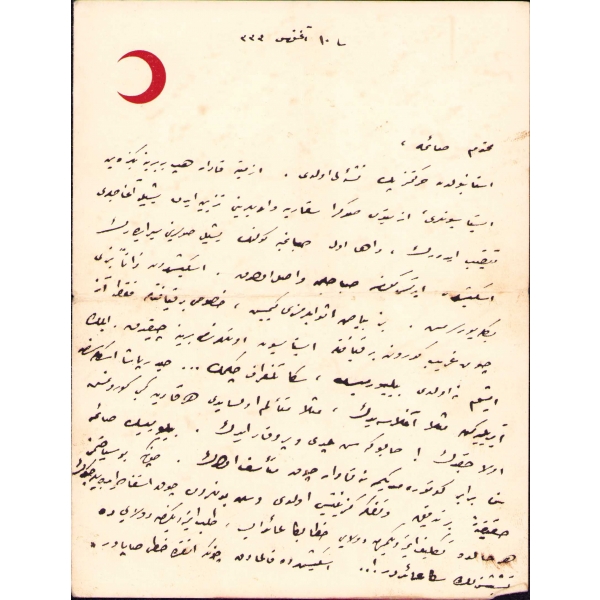 Kızılay amblemli kâğıtta şahsi mektup, 1333 tarihli, 18x28 cm, yorgun ve alt kenardan yırtık haliyle