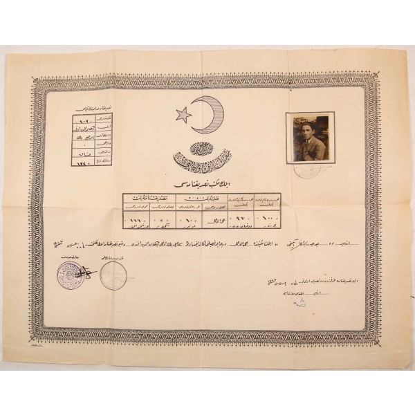 Osmanlıca fotoğraflı ilkokul tasdiknamesi, İzmir 1927, 35x45 cm