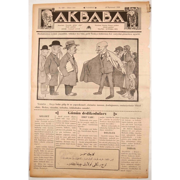 Osmanlı ve Latin alfabesiyle Akbaba gazetesi, 19 Teşrinisani 1928, 4 sayfa, 30x45 cm, arka sayfasında kesik mevcut haliyle