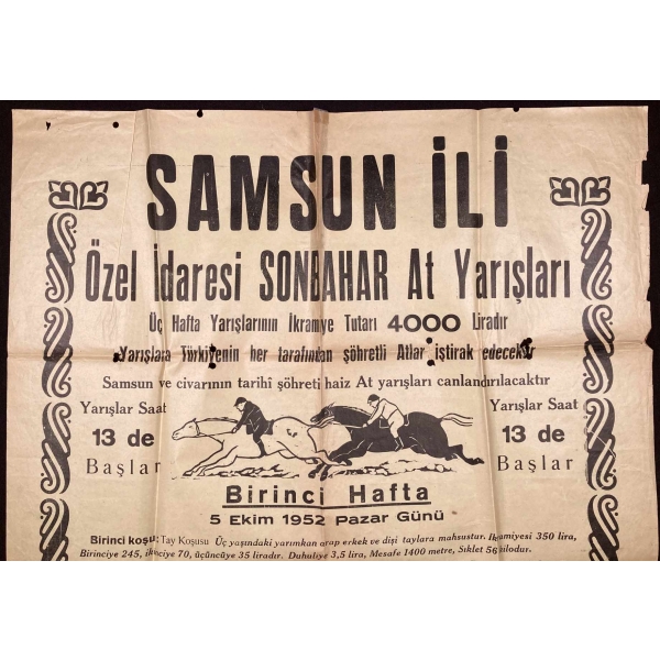 Samsun İli Özel İdaresi Sonbahar At Yarışları Afişi, 1952 tarihli, 57x82 cm