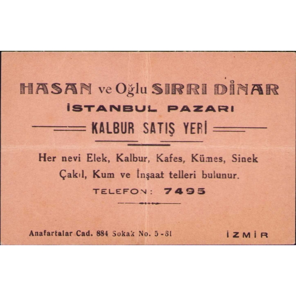 Hasan ve Oğlu Sırrı Dinar Kalbur Satış Yeri-İstanbul Pazarı reklam kartı, İzmir, 8x12 cm, yıpranmış haliyle
