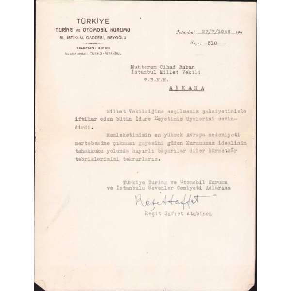 Türkiye Turing ve Otomobil Kurumu'ndan İstanbul Milletvekili Cihad Baban'a tebrik mektubu, İstanbul 1946, 18x23 cm, yıpranmış haliyle