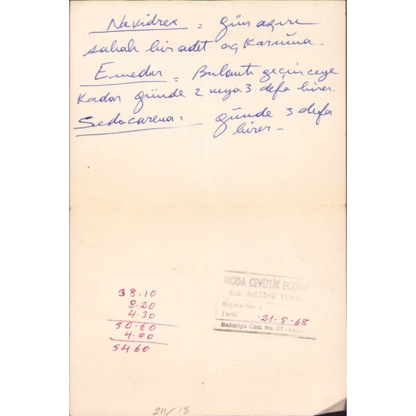 Dr. Mutemit Yazıcı antetli kâğıtta Osmanlıca mektup ve Dr. Nedim Serim antetli kâğıtta Türkçe reçete (1968 tarihli), 15x22 cm ve 23x29 cm, mektup hafif yıpranmış haliyle