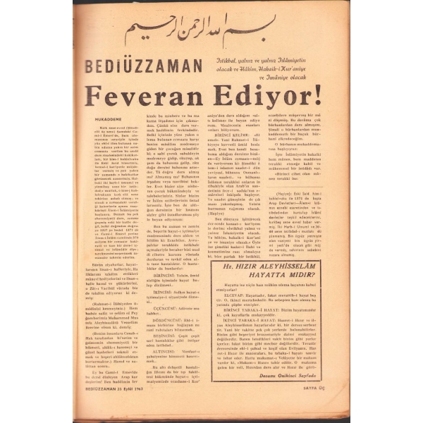 Bediülbeyan-Bediüzzaman dergisi, Said Nursi, 1963 tarihli 5 sayı bir arada, 27x40 cm, kapağı hafif yıpranmış haliyle