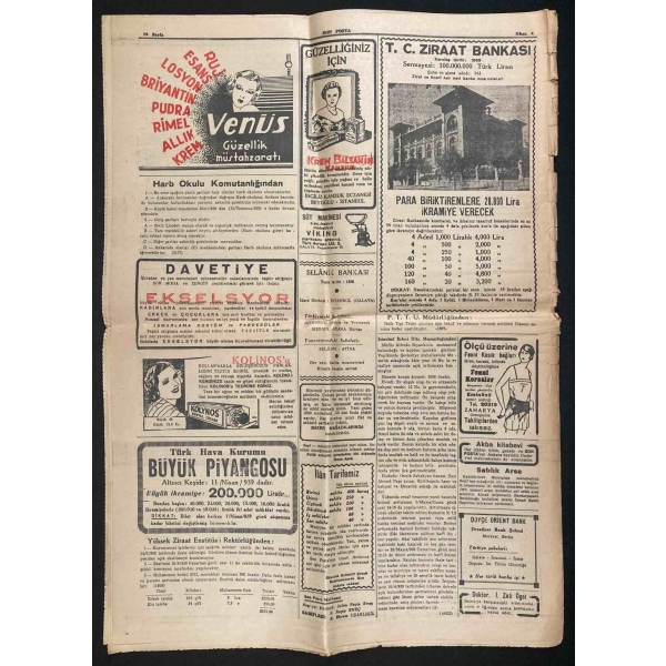 Son Posta gazetesi, 4 Nisan 1939, İsmet İnönü'nün tekrar cumhurbaşkanı seçildiğine dair manşet haberiyle, 40x55 cm, yıpranmış haliyle