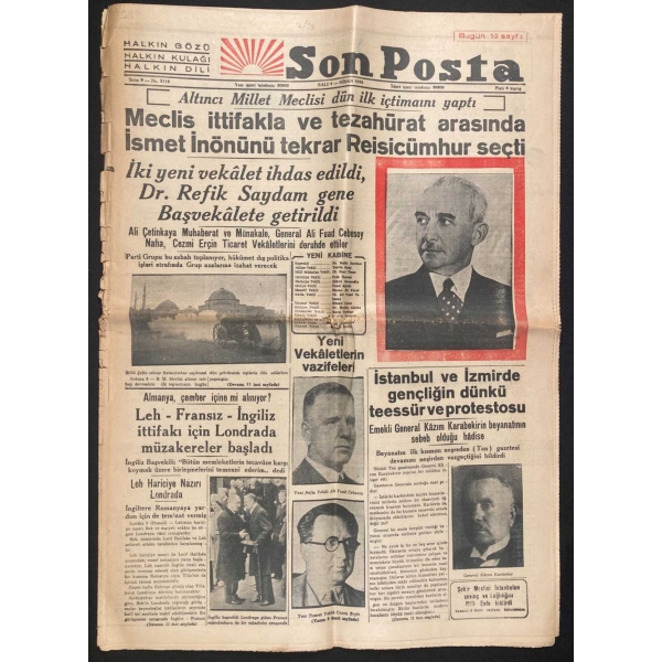 Son Posta gazetesi, 4 Nisan 1939, İsmet İnönü'nün tekrar cumhurbaşkanı seçildiğine dair manşet haberiyle, 40x55 cm, yıpranmış haliyle
