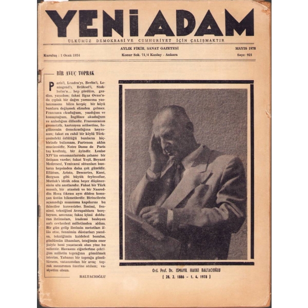 Yeni Adam dergisi 921. sayı, Mayıs 1978, İsmail Hakkı Baltacıoğlu kapak görseliyle, 24x32 cm, kapağı yıpranmış haliyle