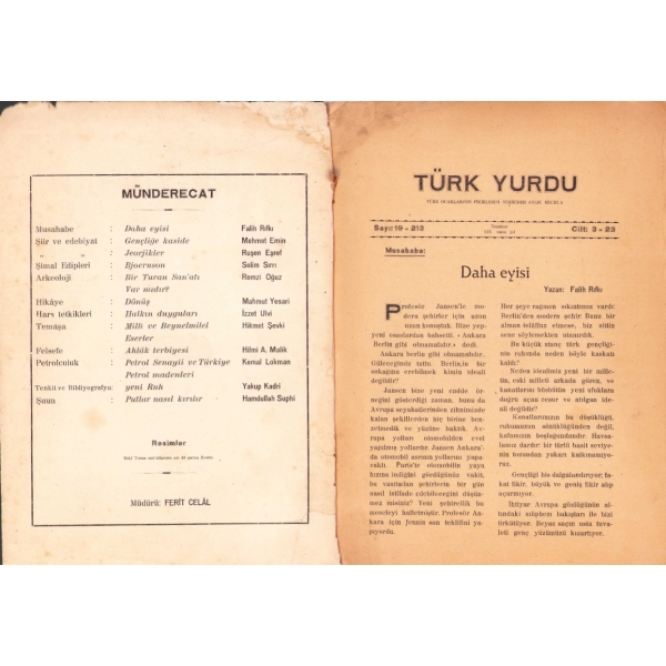 Türk Yurdu dergisi, sayı: 19-213, Temmuz 1929, 19x27 cm, kapağı yıpranmış haliyle