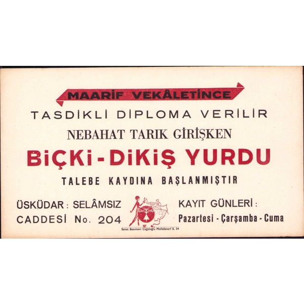 Nebahat Tarık Girişken Biçki-Dikiş Yurdu reklam kartı, 16x28 cm