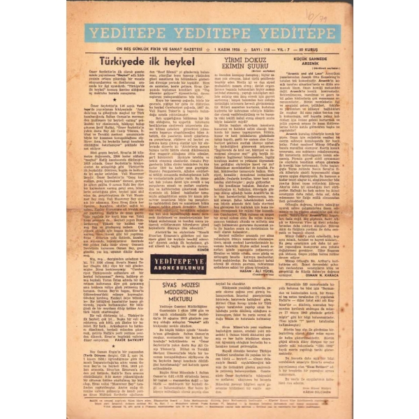 Yeditepe dergisi 118. sayı, 1 Kasım 1956, 28x40 cm, kenarları yıpranmış haliyle