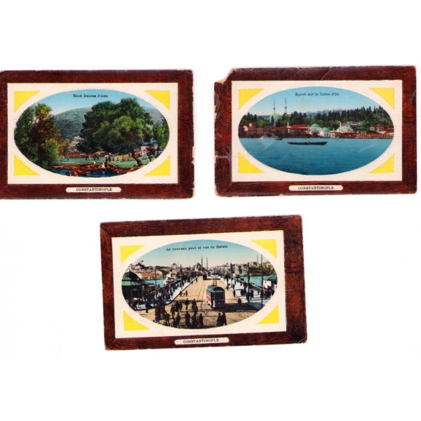 Eyüp Sultan, Galata Köprüsü ve Göksu görselli üç adet gofre kartpostal, Constantinople, yıpranmış haliyle