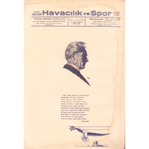 Havacılık ve Spor dergisi 78-79. Fevkalade sayı, 30 Ağustos 1932, 23x32 cm, su almış ve yıpranmış haliyle