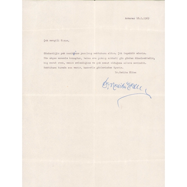  Türkiye Cumhuriyeti'nin ilk kadın hükümet tabibi Dr. Mediha Eldem ıslak imzalı şahsi mektup, Ankara 1969, 23x29 cm, yorgun haliyle