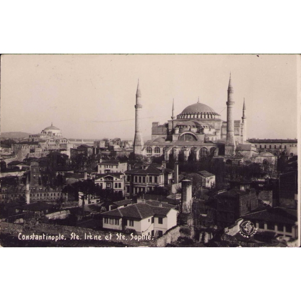 Aya İrini Kilisesi ve Ayasofya Camii, Constantinople, postadan geçmiş, kenarları hafif soyulmuş haliyle
