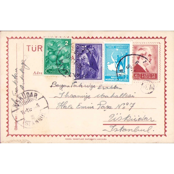 Fahriye Eraktan alıcılı ve 1946 tarihli dört adet mektup kartı, Antakya-İstanbul, postadan geçmiş, ikisi hafif yıpranmış haliyle