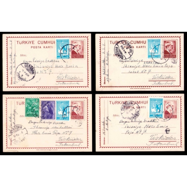 Fahriye Eraktan alıcılı ve 1946 tarihli dört adet mektup kartı, Antakya-İstanbul, postadan geçmiş, ikisi hafif yıpranmış haliyle