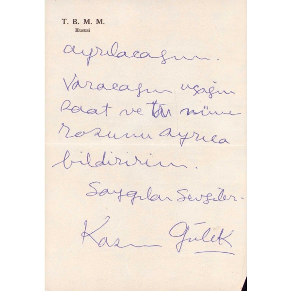 T.B.M.M. Hususi antetli kâğıtta Bayındırlık Bakanı Kasım Gülek imzalı mektup, 1965 tarihli, 2 sayfa, 14x21 cm