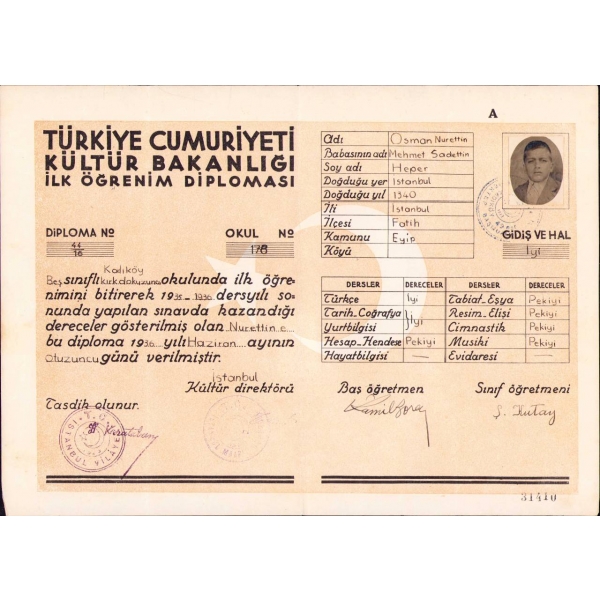 Klasik Türk Müziği üstadlarından musikişinas Sadettin Heper’in oğlunun fotoğraflı ilköğrenim diploması, Kadıköy/İstanbul 1936, 22x31 cm