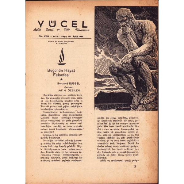 Yücel dergisi 101. sayı, Eylül 1944, 20x28 cm, kapağı hafif yıpranmış haliyle