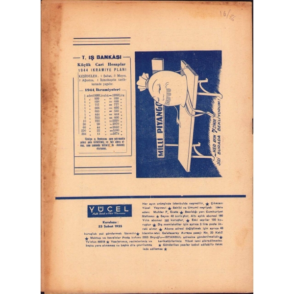 Yücel dergisi 101. sayı, Eylül 1944, 20x28 cm, kapağı hafif yıpranmış haliyle