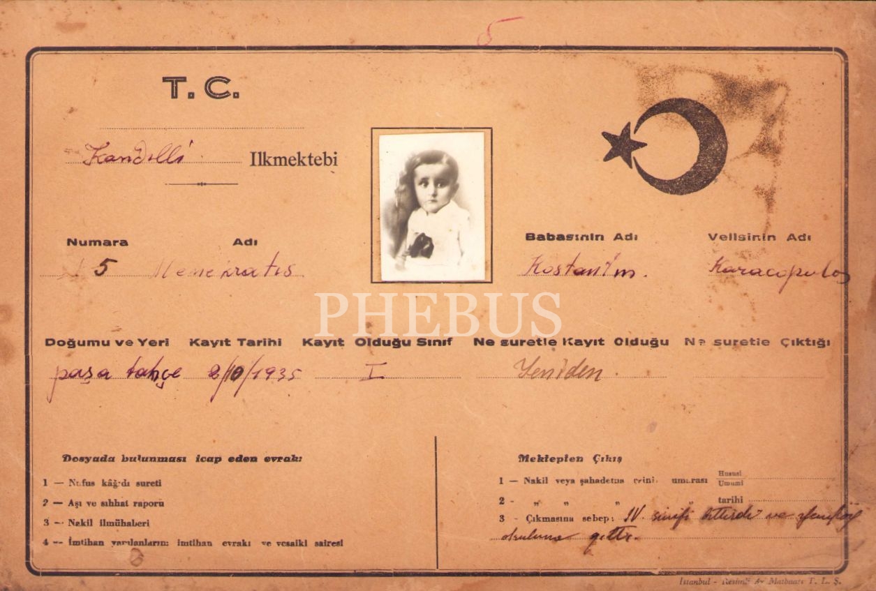 İstanbul yabancı ve azınlık okulları fotoğraflı nakil belgesi ve zarfı, Kandilli Rum Okulu 1938-39 eğitim yılına ait, 20x33 cm, hafif yıpranmış haliyle