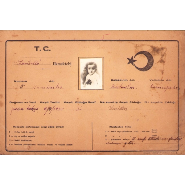 İstanbul yabancı ve azınlık okulları fotoğraflı nakil belgesi ve zarfı, Kandilli Rum Okulu 1938-39 eğitim yılına ait, 20x33 cm, hafif yıpranmış haliyle