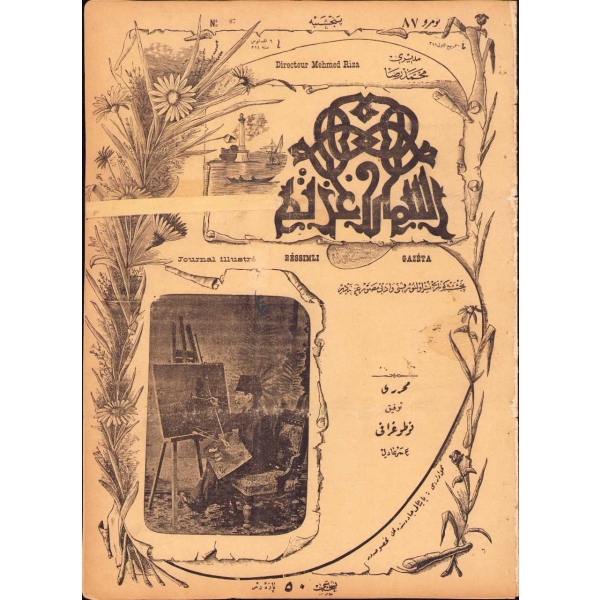 Osmanlıca Resimli Gazete 87. sayı, 6 Ağustos 1314, Seraskerî Musarefat Nazırı Hasan Paşa'ya ait iç kapak görseliyle, 24x33 cm, yıpranmış ve dağınık haliyle