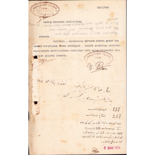 Gençlerevi Kulübü-Tirebolu damgalı ve Uyanış Mecmuası Müdürlüğü'ne gönderilmiş mektup, 1934 tarihli, 17x27 cm