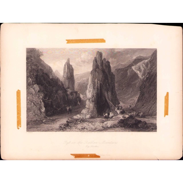 Balkan Dağları gravürü, ed. C. Bentley-T. Jeavons, 20x27 cm, hafif yıpranmış haliyle
