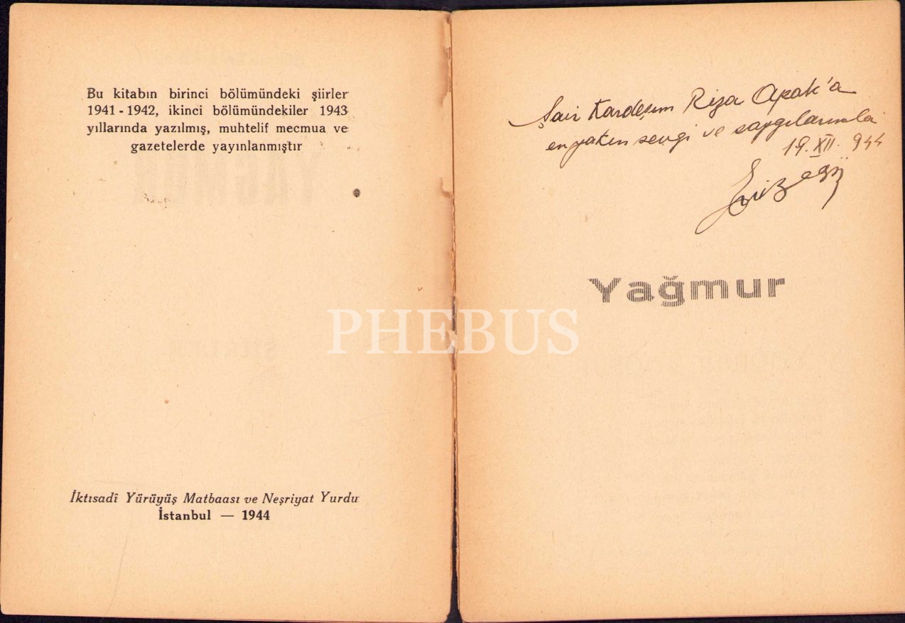 Yağmur-Şiirler, Şükrü Enis Regü, yazarından ithaflı ve imzalı, Nebioğlu Yayınevi, İstanbul 1944, 46 s., 12x16 cm, sırtı yıpranmış haliyle