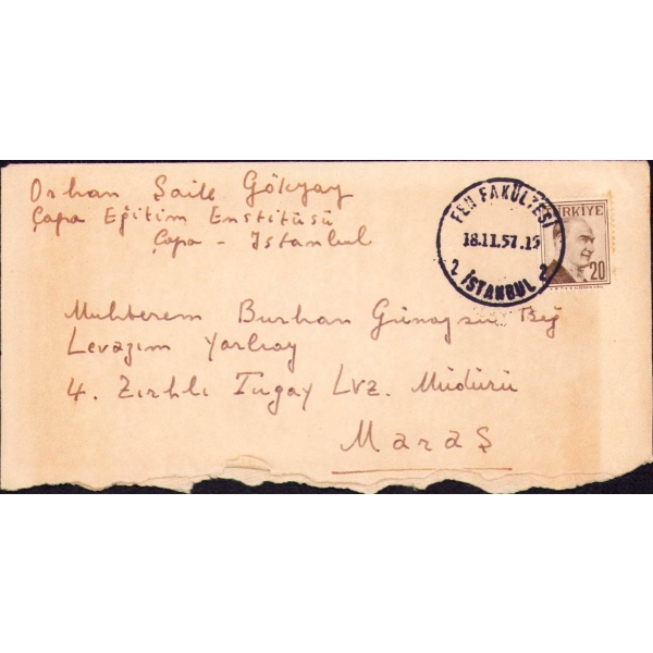 Orhan Şaik Gökyay'dan Yazar Burhan Günaysu'ya Osmanlıca Yazılmış Mektup, Zarfıyla Birlikte, 21x29 cm