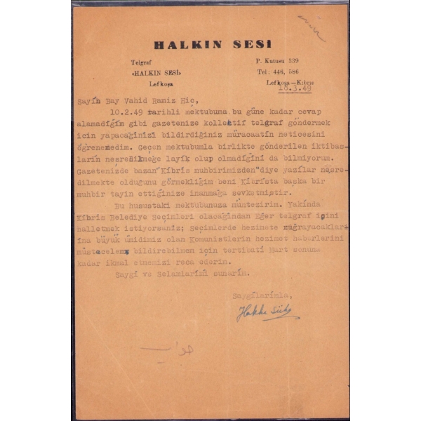 Gazeteci ve Yazar Hakkı Süha'nın Halkın Sesi'ne Gönderdiği Mektup, 15x23 cm