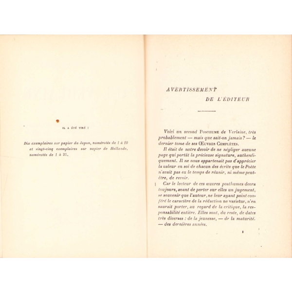 Fransızca Paul Verlaine'in Ölümünden Sonra Toplu Eserleri [Ouevres Posthumes], 1922, İki Cilt Halinde,