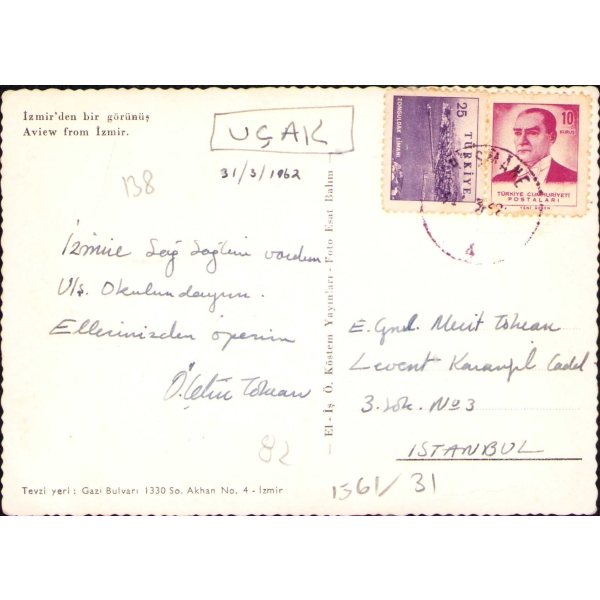 İzmir'den bir görünüm, 1962 tarihli postadan geçmiş kart, 10x14 cm, alt köşesi kırık haliyle