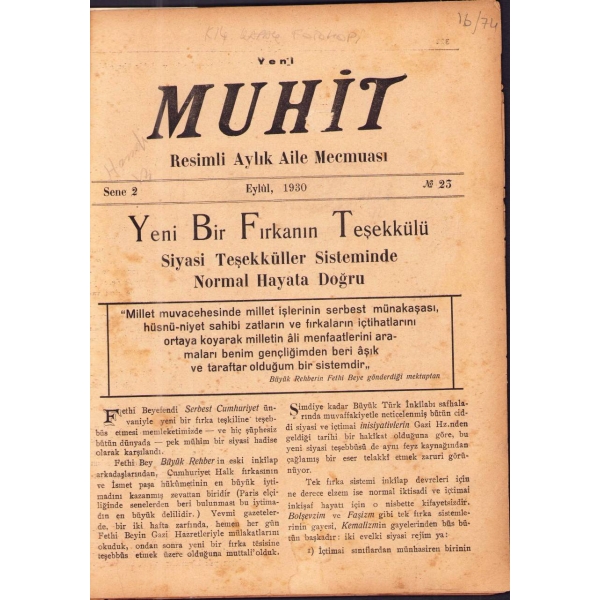 Aile dergisi Muhit'in Mustafa Kemal Atatürk kapaklı 23. sayısı, Eylül 1930, 23x29 cm