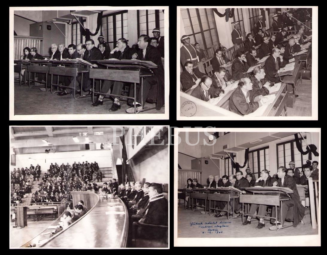 Aralık 1960'ta Yassıada Mahkemesi'nde avukatlar ve izleyicilere dair 4 adet fotoğraf, çeşitli boyutlarda (örn; 20x25 cm)