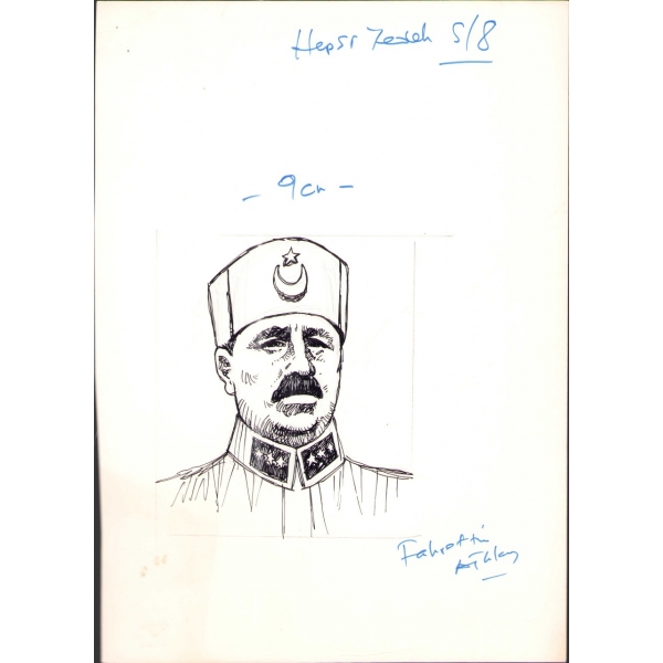 Kurtuluş Savaşı kahramanlarından Fahrettin Altay´ın orijinal portre çizimi, 21x30 cm
