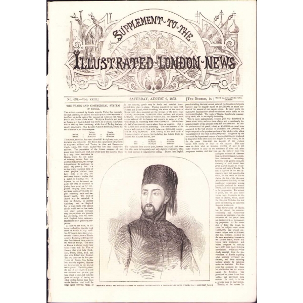 Illustrated London News dergisinin Sultan Abdülmecid, Reşid Paşa ve İstanbul gravürlerini içeren 6 Ağustos 1853 tarihli sayısı, 27x40 cm
