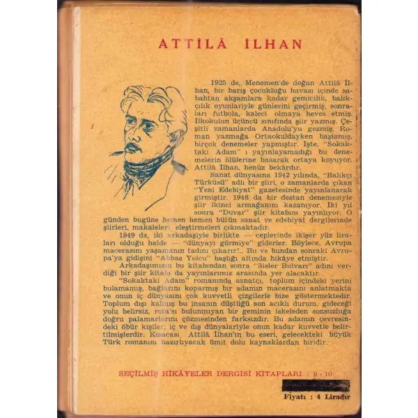 SOKAKTAKİ ADAM, Attila İlhan, 1953, Seçilmiş Hikâyeler Dergisi Kitapları, 248 sayfa, 11,5 X 16,5 cm…