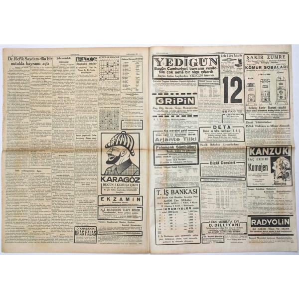 Cumhuriyetin 16.yıldönümü gazete haberi Cumhuriyet gazetesi 1939 Atatürk'ün 10 kasım 1938'de ölümü üzerine,