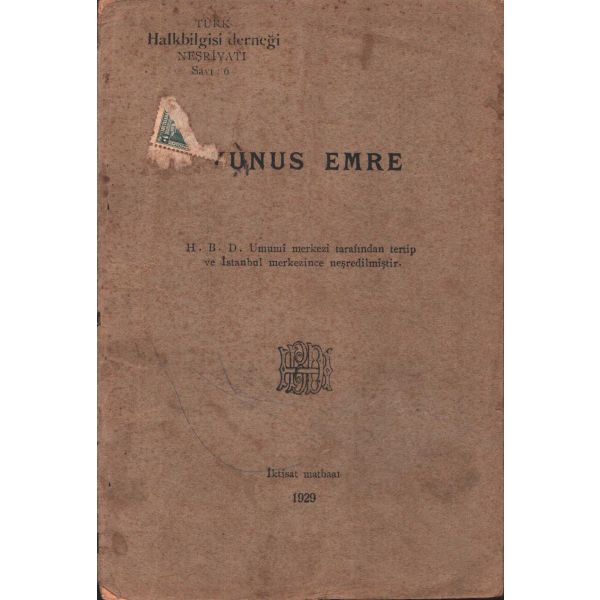 YUNUS EMRE, Türk Halk Bilgisi Derneği Neşriyatı, 1929