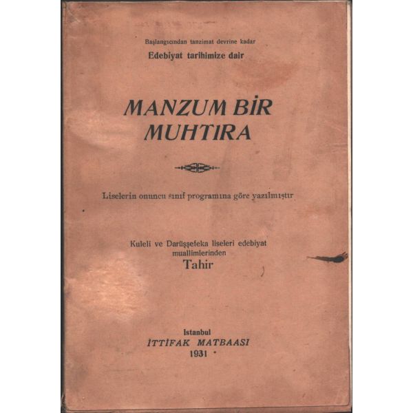 MANZUM BİR MUHTIRA, Tahir, İttifak Matbaası, 1931