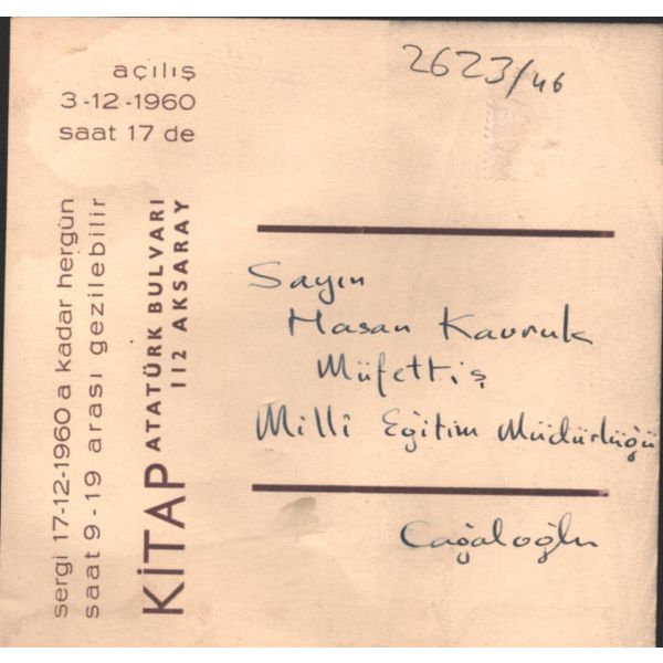 Müfettiş Hasan Kavruk´a gönderilen sergi davetiyesi, İstanbul 1960, 14x14 cm