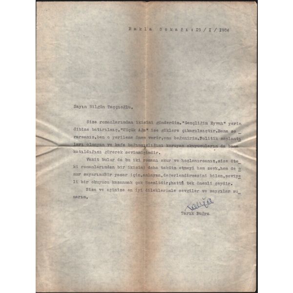 Tarık Buğra´dan Kültür ve Turizm Bakanı Mükerrem Taşçıoğlu´nun eşi Nilgün Taşçıoğlu´ya ithaflı, imzalı ve mektuplu GENÇLİĞİM EYVAH, Ötüken Yayınları, 1982, 391 sayfa, 12x20 cm
