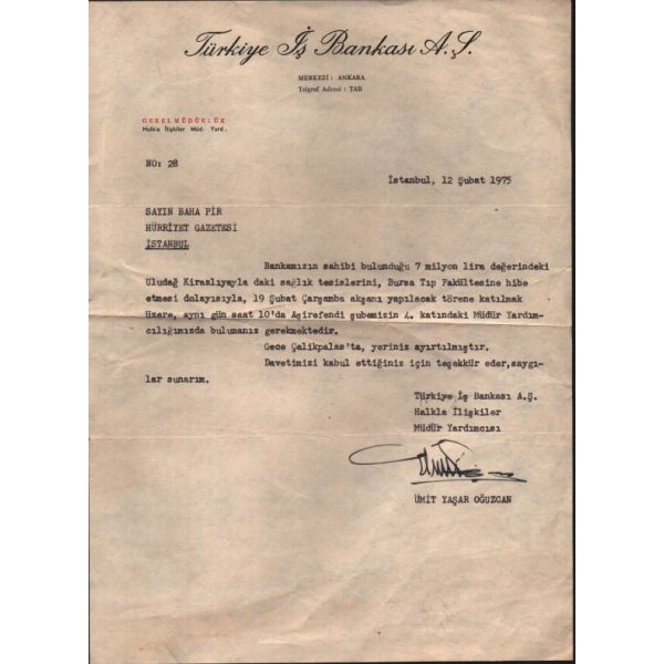 Türkiye İş Bankası A.Ş. Halkla İlişkiler Müdür Yardımcısı Ümit Yaşar Oğuzcan´dan ıslak imzalı, 12 Şubat 1975 tarihli mektup, 19x26 cm