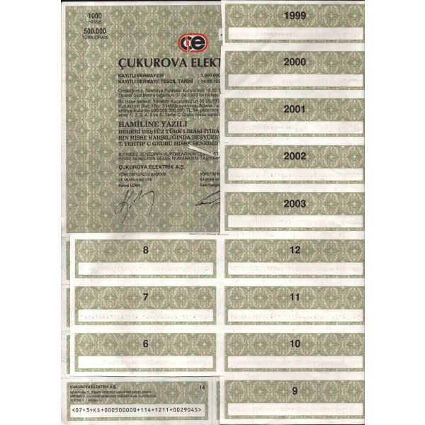 Çukurova Elektrik A.Ş.´ye ait hisse senedi, 29x42 cm