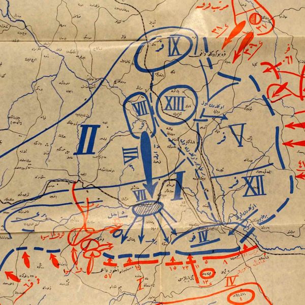 Pelür kâğıt üzerine, 26 Ağustos 1338 Harekâtı haritası, 46x54 cm